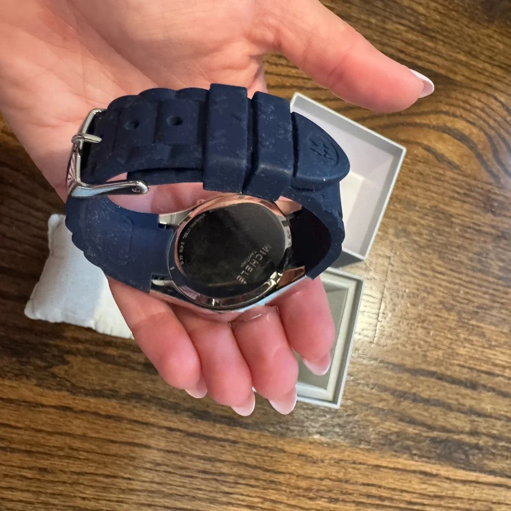 Michele Silver-Tone Case Watch with Black Strap